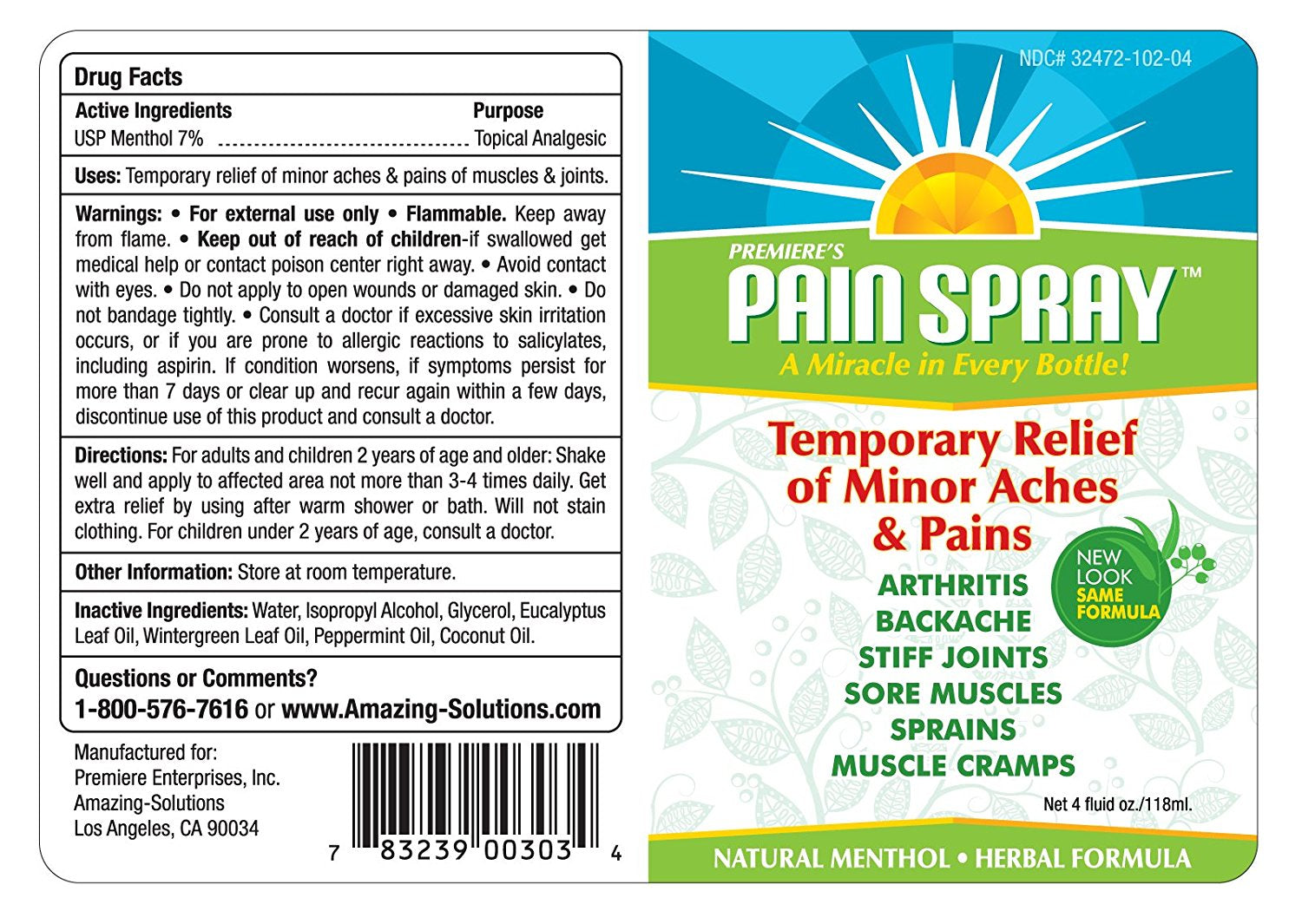 Premiere's Pain Spray Mist – Fast Relief for Arthritis, Muscle, Joint & Nerve Pain
