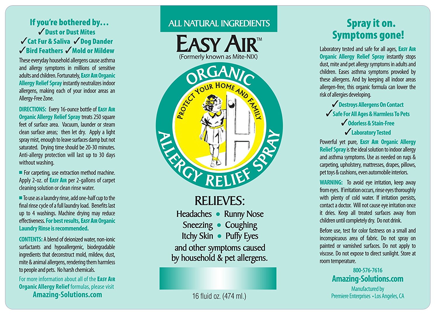 Easy Air Organic Allergy Relief Spray – 16 oz – Neutralizes Indoor Allergens Safely