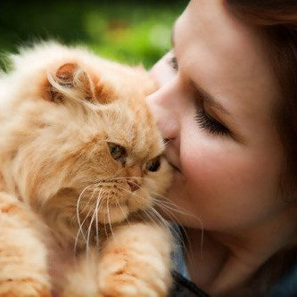 young woman smiling and nuzzling her face in fluffy orange cat's forehead